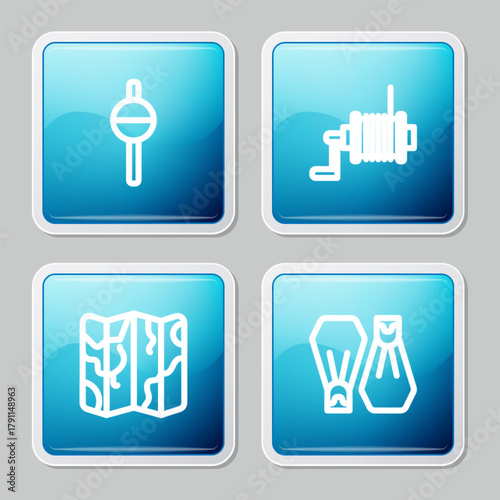 Set line Fishing float, Spinning reel for fishing, Folded map and Rubber flippers swimming icon. Vector