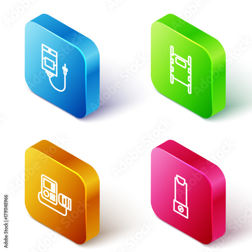 Set Isometric line IV bag, Stretcher, Blood pressure and Inhaler icon. Vector