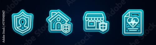 Set line Life insurance with shield, House, Shopping building and Health. Glowing neon icon. Vector