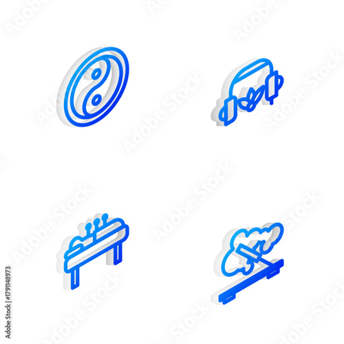 Set Isometric line Headphones for meditation, Yin Yang, Acupuncture therapy and Scented spa stick icon. Vector