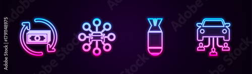 Set line Refund money, Car sharing, Aviation bomb and . Glowing neon icon. Vector