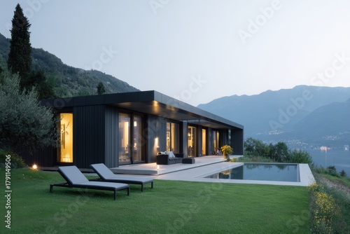 Modern hillside villa with lake view offers tranquil escape at twilight near mountains and peaceful landscape in summer season
