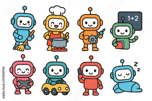 Cute cartoon robots depicting various professions and activities in a fun style