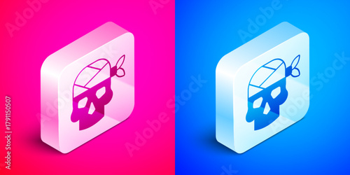 Isometric Pirate captain icon isolated on pink and blue background. Silver square button. Vector