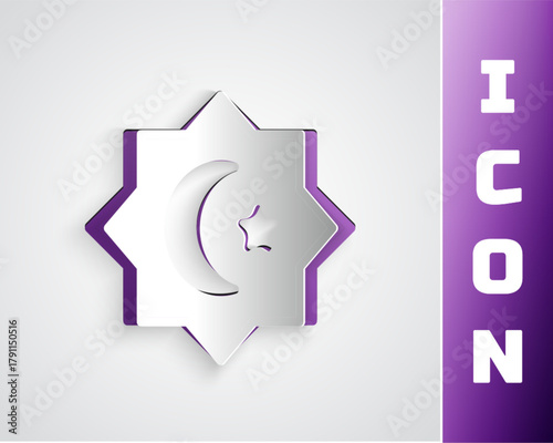 Paper cut Islamic octagonal star ornament icon isolated on grey background. Paper art style. Vector