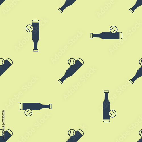 Blue Baseball bat with ball icon isolated seamless pattern on yellow background. Vector