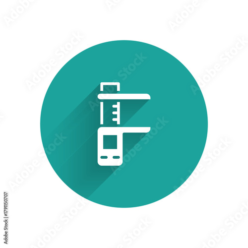 White Calliper or caliper and scale icon isolated with long shadow background. Precision measuring tools. Green circle button. Vector