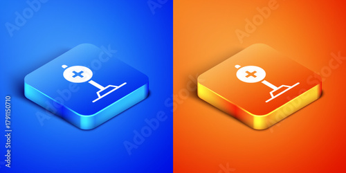 Isometric Medical map pointer with cross hospital icon isolated on blue and orange background. Square button. Vector