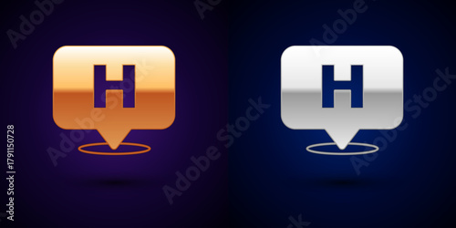 Gold and silver Medical map pointer with cross hospital icon isolated on black background. Vector