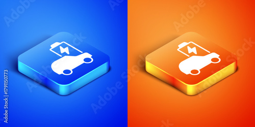 Isometric Electric car and electrical cable plug charging icon isolated on blue and orange background. Renewable eco technologies. Square button. Vector