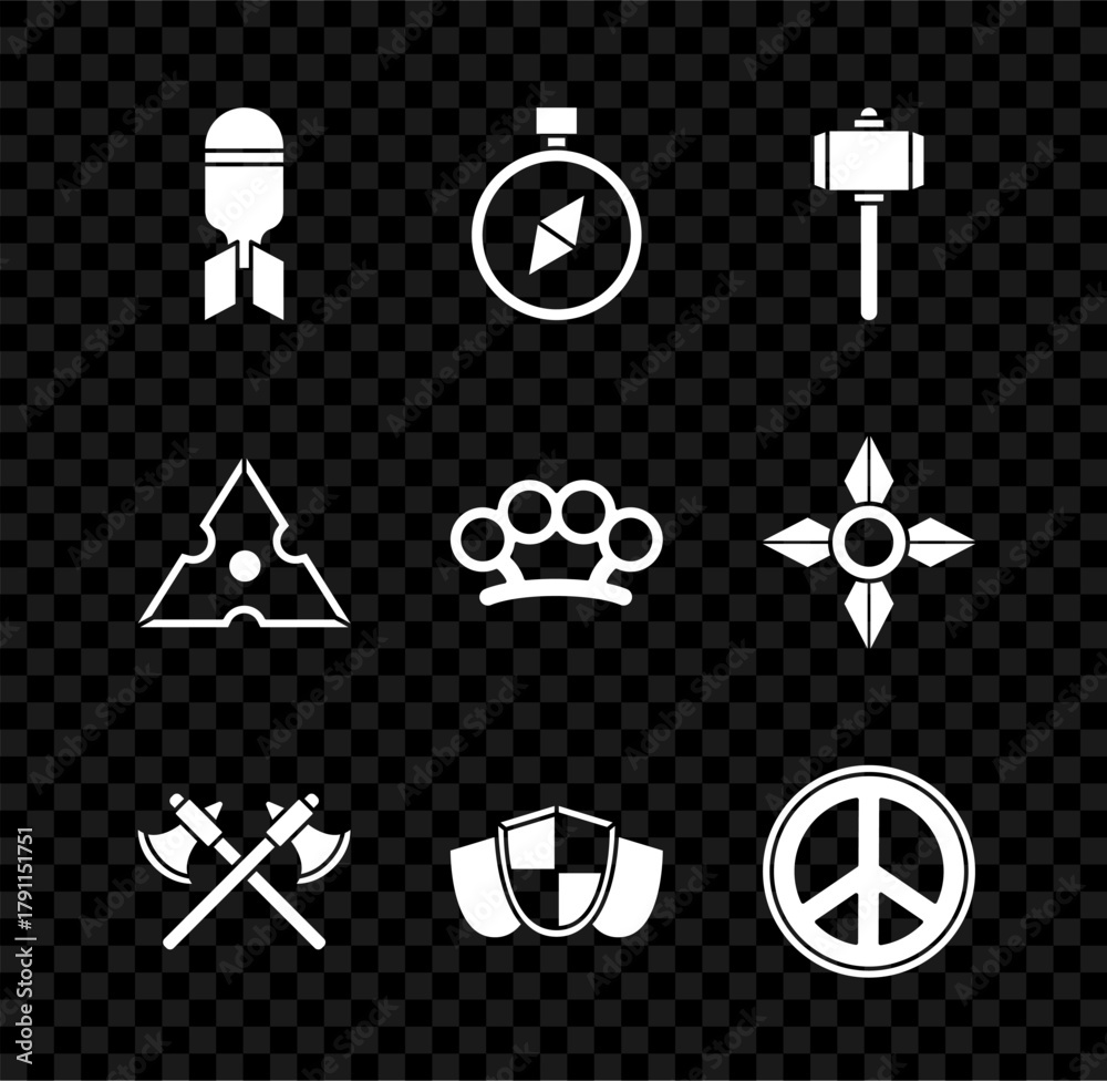 Φωτογραφία Set Aviation bomb, Compass, Battle hammer, Crossed medieval axes, Shield, Peace, Japanese ninja shuriken and Brass knuckles icon