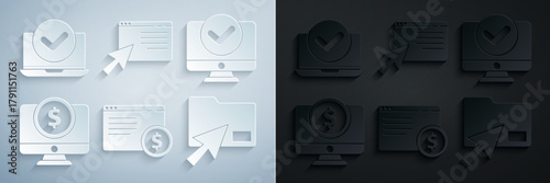 Set Online shopping on screen, Computer monitor, with dollar, Cursor click document folder, and Laptop icon. Vector