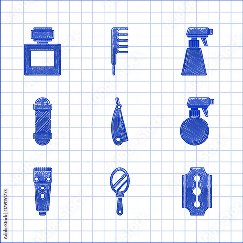 Set Straight razor, Hand mirror, Blade, Hairdresser pistol spray bottle, Electrical hair clipper shaver, Classic Barber shop pole, and Aftershave icon. Vector
