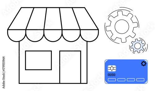 Small shop with striped awning, blue credit card, and gear icons representing business, payment systems, automation, and innovation. Ideal for e-commerce, finance, startups technology