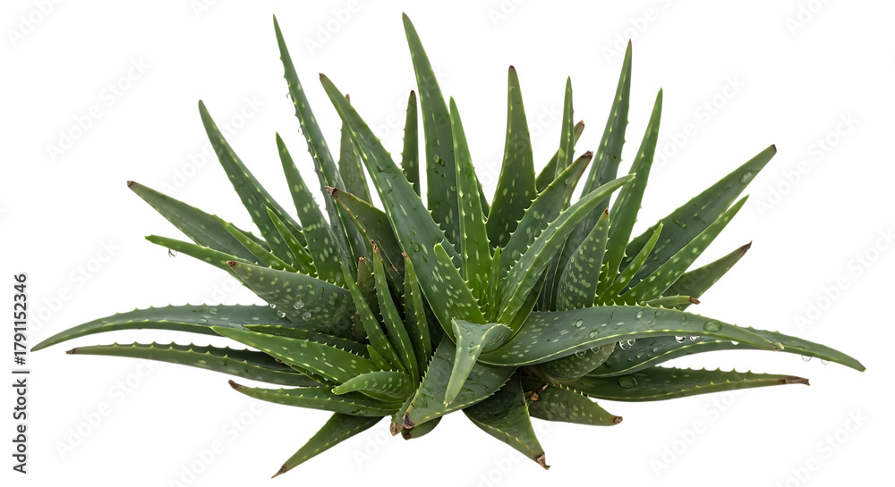 Fototapeta premium Top view of green aloe vera plant with water drops for natural beauty