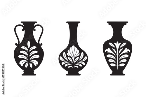 Three black silhouette vases with floral designs