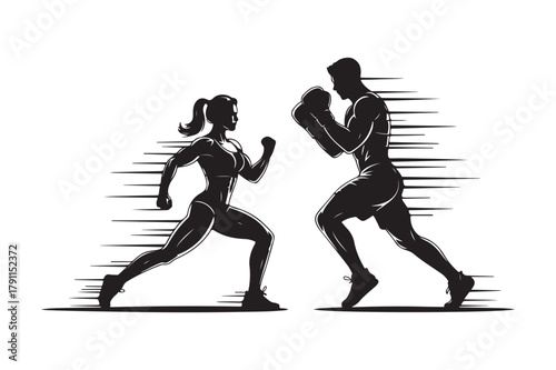 Dynamic silhouettes of a woman running and a man boxing