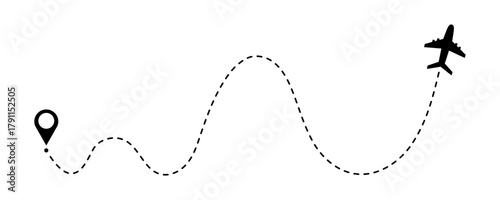 Airplane flight path doodle icon. Dotted map route for travel and journey, dash line air plane route. Vector illustration isolated on white background