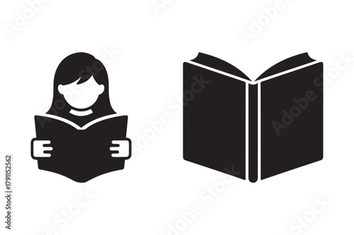 Silhouette of a person reading a book and an open book icon