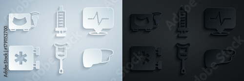 Set Crutch or crutches, Heart rate, Emergency - Star of Life, Human organ liver, Syringe and Ultrasound icon. Vector