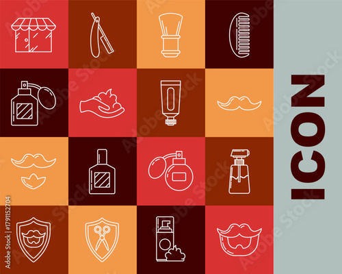 Set line Mustache and beard, Cream or lotion cosmetic tube, Shaving brush, gel foam hand, Aftershave, Barbershop building and icon. Vector