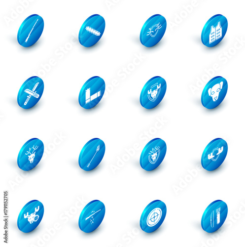 Set Hunting cartridge belt with cartridges, Deer antlers on shield, jacket, Crossed hunter knife, head, Cartridges, dog and Moose icon. Vector