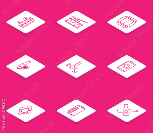 Set line Street signboard with inscription Beer, Musical instrument drum and drum sticks, Wooden barrel, bottle, tap, can, Hop and icon. Vector