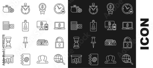 Set line Magnifying glass with globe, Lock, Laptop dollar symbol, Reward for good work, Identification badge, Calculator, Wallet coins and Computer monitor mobile phone and bitcoin icon. Vector