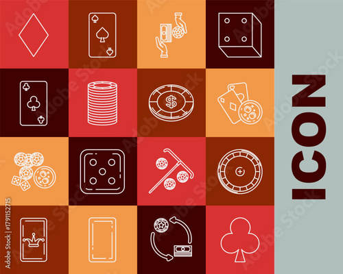 Set line Playing card with clubs symbol, Casino roulette wheel, cards and glass of whiskey ice cubes, chips exchange on stacks dollars, diamonds and icon. Vector