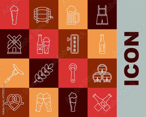 Set line Crossed beer bottle, Wooden barrel on rack with stopcock, Beer, mug, and glass, Windmill, Glass of and Street signboard inscription icon. Vector