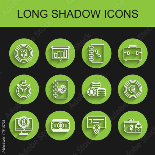 Set line Computer monitor with pound sterling symbol, Stacks paper money cash, Coin Yen, Certificate template, Closed wallet lock, Address book, euro and Cryptocurrency coin Bitcoin icon. Vector