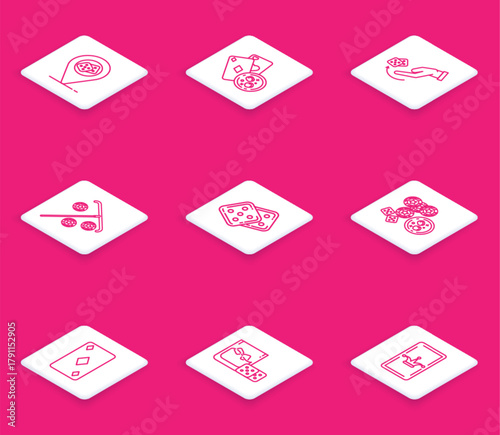 Set line Casino location, Playing cards and glass of whiskey with ice cubes, Human hand throwing game dice, Stick for chips, Game, diamonds symbol and icon. Vector