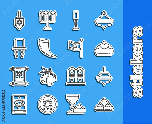Set line Jewish sweet bakery, Hanukkah dreidel, goblet, Traditional ram horn, shofar, Orthodox jewish hat with sidelocks, and Flag Israel icon. Vector