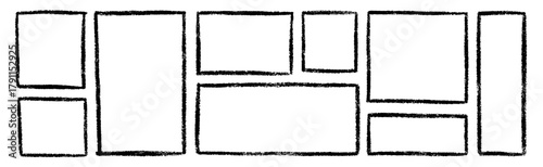 Chalk Frames and text boxes doodle set. Rectangle and square shapes, grunge crayon borders in sketch style. Hand drawn vector illustration isolated on white background
