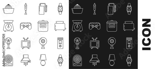 Set line Smart watch showing heart beat rate, Remote control, Toaster with toasts, Power bank different charge cable, Gamepad, Scales, Citrus fruit juicer and Slow cooker icon. Vector