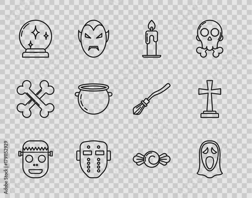 Set line Zombie mask, Funny and scary ghost for Halloween, Burning candle, Hockey, Magic ball, witch cauldron, Candy and Tombstone with cross icon. Vector