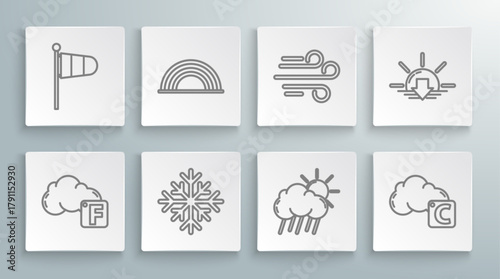 Set line Fahrenheit and cloud, Rainbow with clouds, Snowflake, Cloud rain sun, Celsius, Wind, Sunset and Cone meteorology windsock wind vane icon. Vector