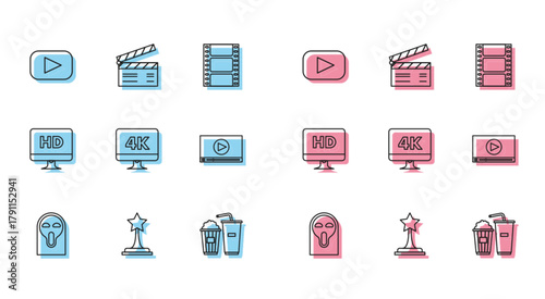 Set line Funny and scary ghost mask, Movie trophy, Play, Popcorn soda drink glass, Computer PC monitor with 4k video technology, Online play, HD and clapper icon. Vector