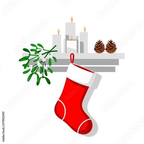 Christmas stocking hanging on mantel with candles and pinecones  