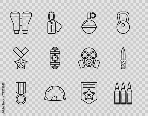 Set line Military reward medal, Bullet, Hand grenade, helmet, Binoculars, Detonate dynamite bomb stick timer clock, Chevron and knife icon. Vector