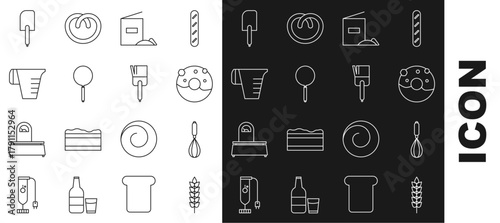Set line Cereals with rice, wheat, corn, oats, rye, Kitchen whisk, Donut sweet glaze, Flour pack, Frying pan, Measuring cup, Spatula and brush icon. Vector