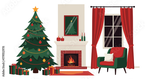 Christmas living room with decorated tree, fireplace, and presents  