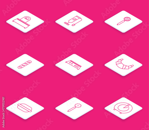 Set line Scales, Blender, Strainer spoon, French baguette bread, Electronic scales, Croissant, Macaron cookie and Pizza knife icon. Vector