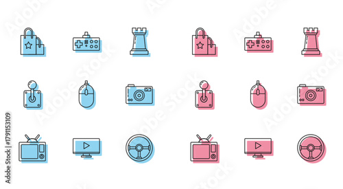 Set line Television, Online play video, Paper shopping bag, Steering wheel, Computer mouse, Photo camera, Joystick for arcade machine and Gamepad icon. Vector