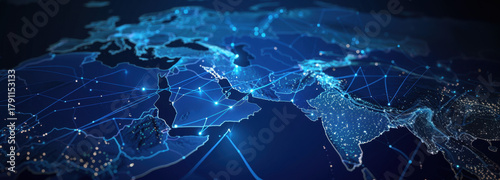 Global Connectivity: The earth is shown in a unique perspective, a vibrant network of connected dots, each representing a hub of data, communication, and technological innovation.