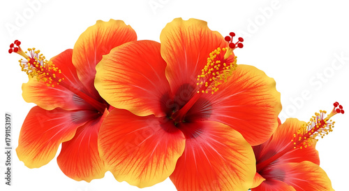Closeup orange hibiscus blooms with yellow accents