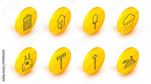 Set line Garden hose or fire hose, Hammer, rake, Kitchen apron, Cloud with rain, trowel spade shovel, Retro wall watch and Trash can icon. Vector