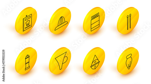 Set line Pastry bag for decorate cakes, Ball tea strainer, Funnel filter, Pepper, Food chopsticks, Open matchbox and matches, Citrus fruit juicer and Cookbook icon. Vector