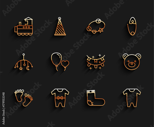 Set line Baby footprints, clothes, Toy train, socks, Balloons form of heart, Teddy bear plush toy and Carnival garland with flags icon. Vector