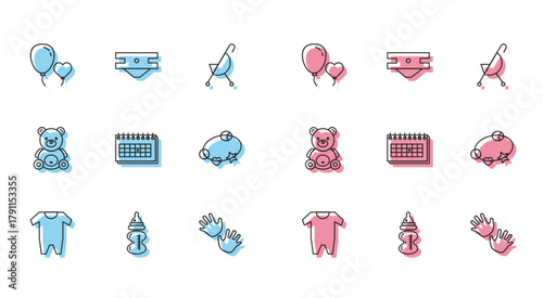 Set line Baby clothes, bottle, Balloons in form of heart, hands print, Calendar, Rattle baby toy, Teddy bear plush and absorbent diaper icon. Vector